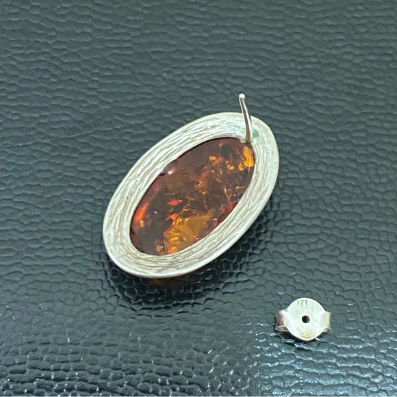 Vintage Sterling Silver Handcrafted Cabochon Oval Baltic Amber Earrings 7.4g - Picture 8 of 15